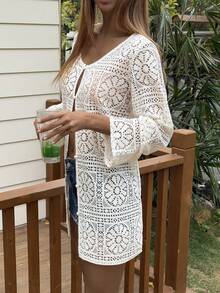 Livesso 白色薄纱蕾丝长款开衫，设计感十足，适合休闲度假、海滩、音乐节、婚礼等场合，女士长袖衬衫，春夏款 - 白色 - 查看 6