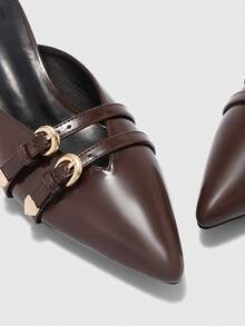 CUCCOO BIZCHIC Sepatu hak rendah runcing berwarna cokelat elegan untuk wanita dengan detail gesper, model selop. - Chocolate Brown - View 4