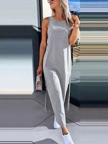 INAWLY Women's Casual Round Neck Side Split Hem Light Gray Vest Dress - Light Grey - View 2