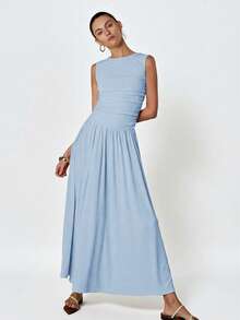 Aveloria Modichic Đầm trắng tối giản, tinh tế, cổ tròn, xếp ly, không tay - Màu xanh lam - Xem 3