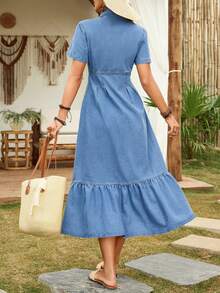 Elenzga Đầm denim tay ngắn dành cho nữ với viền bèo nhún thanh lịch - Màu xanh lam - Xem 2