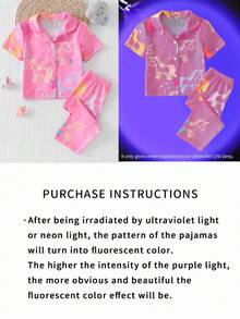 2pcs Baby Girls Lapel Cardigan Short Sleeve Pants Pajama Set, Pink Cartoon Glow-In-The-Dark Unicorn Pattern (Requires UV Light To Glow) - Pink - View 6