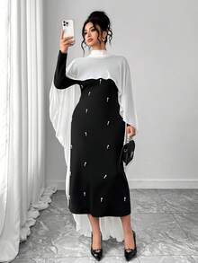 Elenzga Bộ váy maxi dáng suông bằng vải lưới cổ tròn rộng rãi dành cho nữ cỡ lớn, kiểu dáng Trung Đông thanh lịch và lãng mạn, thích hợp làm váy cưới. - Đen và trắng - Xem 6