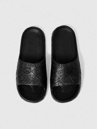 ROMWE Goth Women's Summer Slippers Indoor Home Bathroom Shower Slippers, Black Cartoon Cute Bear, Summer Use