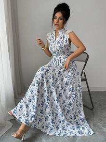 Rafferiza Vestido elegante de mujer con cuello en V, estampado floral diminuto y encaje en contraste, adecuado para vacaciones - Beis - Ver 6