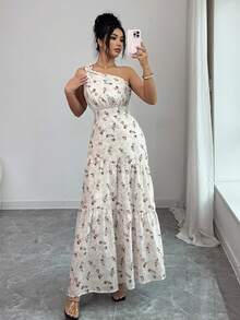 Rafferiza 女士优雅度假杏色碎花单肩扭结层叠喇叭裙 - 杏色 - 查看 6