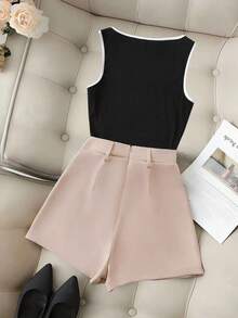 Franclia 2件套女士时尚日常百搭黑白撞色罗纹针织背心搭配卡其色阔腿短裤，春夏款 - 彩色 - 查看 5