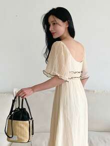 DAZY Women's Patchwork Contrast Color Ruffle Hem Waist Midi Dress Sundress - Yellow - View 6