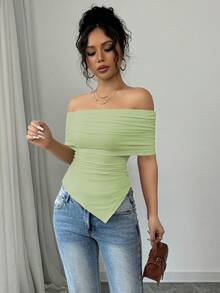 Rafferiza 女士优雅露肩褶皱下摆方领修身T恤，春夏款 - 薄荷綠 - 查看 3