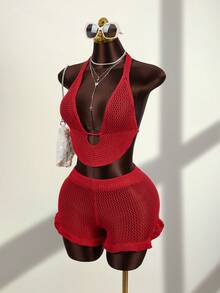 Zestiva Women's Knit Halter Neck Top With Ruffle Hem Shorts Beach Vacation 2 Pieces Set Red Strawberry - Red - View 3