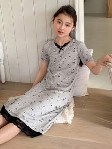 DAZY Tween Girl Contrast Lace Bow Print Short Sleeve Casual Dress - Grey - View 7