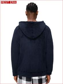 EasyFave Nhẹ, thoải mái, giản dị, thích hợp mặc ở nhà, mềm mại, sang trọng, chất liệu lông cừu san hô, phù hợp mặc ngoài, áo mặc nhà nam, áo thun có mũ, áo thun dài tay. - Màu xanh hải quân - Xem 2