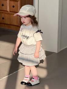 DAZY 女嬰字母印花蝴蝶結裝飾圓領套頭上衣 夏季幼兒 - 灰色 - 查看 4