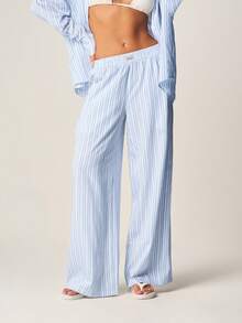 MISSGUIDED Vertical Striped Wide Leg High Rise Palazzo Trousers Casual Loose Fitting Summer Pants Elastic Waist Flowy Beach Vacation Comfortable Loungewear - Baby Blue - View 1