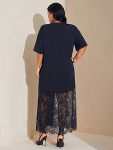 SHEIN Tall CURVE 大码纯色宽松休闲短袖T恤蕾丝连衣裙，时尚百搭，适合外出和通勤。 - 寶藍色 - 查看 2