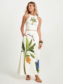 CAJUNI x Carol Peixinho Jupe longue imprimé tropical décontractée pour vacances, jupe longue tropicale, tenue de resort pour femmes, jupe maxi imprimé tropical, tenue de resort pour femmes, jupe imprimé tropical - Crème - Voir 6