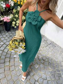 Sylviya Women's Casual 3D Floral Halter Slit Dress - Navy Blue - View 3