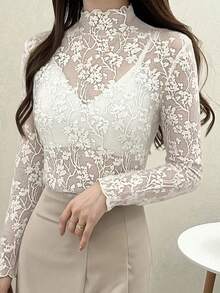 FRIFUL 女士花卉蕾丝领长袖修身衬衫 - 白色 - 查看 5