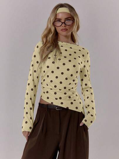 MUSERA Polka Dot Contrast Colour Crewneck Long Sleeve Top Cute Going Out Daily Office School Spring Summer Spring Outfit Easter Casual