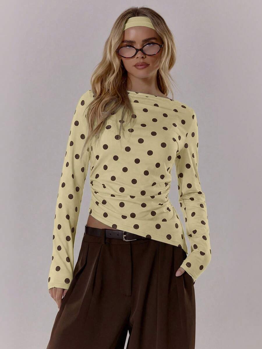 MUSERA Polka Dot Contrast Colour Crewneck Long Sleeve Top Cute Going Out Daily Office School Spring Summer Spring Outfit Easter Casual - Yellow - View 1