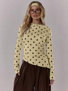 MUSERA Polka Dot Contrast Colour Crewneck Long Sleeve Top Cute Going Out Daily Office School Spring Summer Spring Outfit Easter Casual - Yellow - View 5