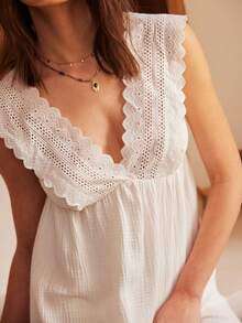Bohemian Casual Vacation Loose Fit V-Neck Long A-Line Cotton Nightgown For Women - White - View 5