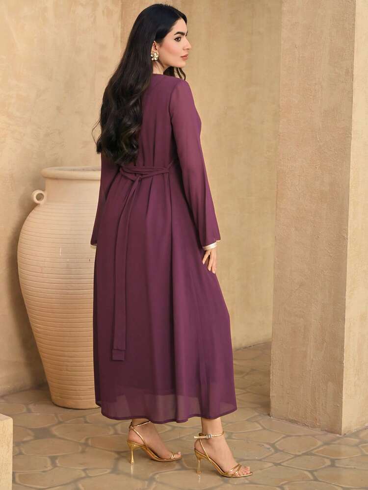 Women's Elegant Contrast Color Lace Patchwork V-Neck Belted Long Dress, Spring/Summer Dress Sundress