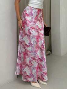 Glamine 优雅百搭A字裙，缎面印花裙，夏季连衣裙，修身时尚裙 - 紫丁香色 - 查看 5