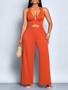 SOLERSUN Bộ jumpsuit nữ thanh lịch màu trơn, cổ khoét sâu, lưng hở với họa tiết đan chéo. - Rỉ Nâu - Xem 6