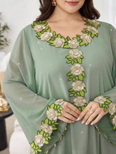 Al Najma Plus Size Women Floral Sleeve Collar Decor Sequin & Pearl Embellished Flowy Loose Tunic Dress
