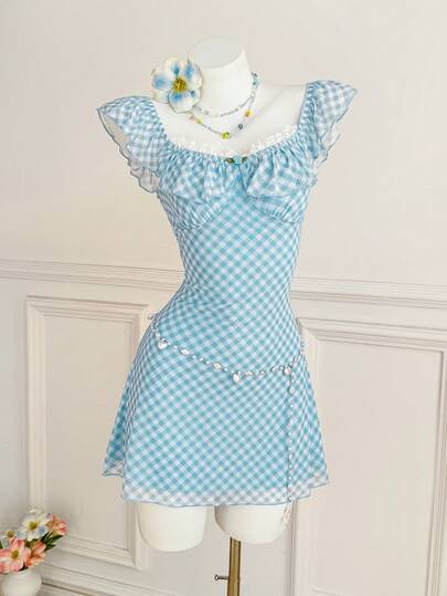 Elamini Women's Casual Cute Sweet Daily Versatile Party Date Mesh Plaid Floral Print Puff Sleeve Waist Cinched Short Dress, Spring/Summer