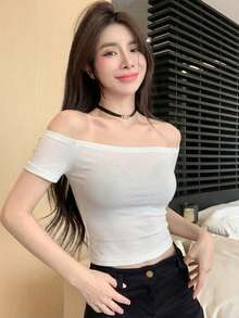 DAZY Áo thun nữ tay ngắn, màu trơn, kiểu dáng trễ vai, ôm sát, thích hợp cho mùa hè. - trắng - Xem 2