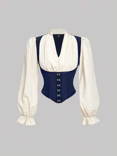 SHEIN MOD Women's Fashion French Style Contrast Color Lantern Sleeve Blouse,Halloween,Going Out Tops,Fall For Women,Goth,Country Concert,Grunge,Boho Women,Old Money Style Women,Western,Back To School,Western Wear,Winter For Women,Pirate,Fall For Women,Halloween Cosplay,Pirate Costume Blouse With Corset Long Sleeve Blouses Elegant Blouses Corset Blouse Women's Blouses, Music Festival