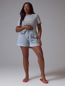 MUSERA 大码低腰中度水洗毛边牛仔短裤 春夏优雅可爱度假休闲日常必备牛仔单品 - 藍色 - 查看 5