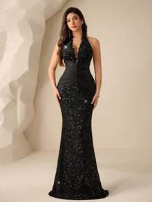 Coutiva Đầm ren đính sequin thanh lịch với cổ chữ V sâu, eo xếp ly và gấu đầm thẳng, tạo nên một chiếc đầm dạ hội trang trọng phù hợp cho các bữa tiệc sinh nhật, lễ tốt nghiệp, lễ hội âm nhạc và tiệc tựu trường. - màu đen - Xem 8