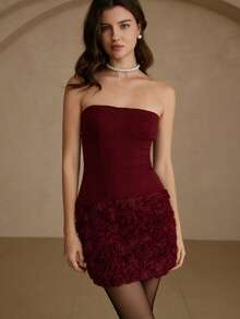 Aveloria Revavyn 3D Floral Patchwork Textured Bodycon Sexy Bandeau Mini Dress - Burgundy - View 4