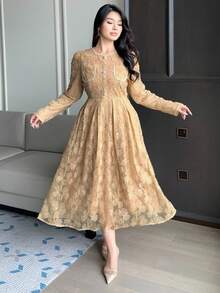 Dazy Plus Vestido de fiesta elegante de talla grande para mujer con encaje, bordado de cuentas y flores, vestido de verano primaveral - Amarillo - Ver 4