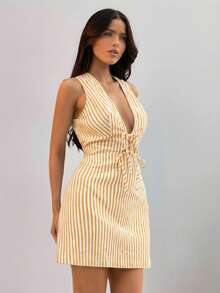 SHEIN SXY Summer Casual Striped Tie-Knot Sleeveless Mini Dress Lace Up Dress Sexy Summer Dress Rope Dress Sexy Sundress Cruise Dress - Yellow - View 3