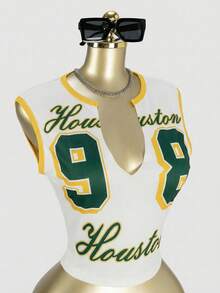 SHEIN SXY Áo thun crop top không tay gợi cảm với họa tiết số, phong cách đường phố, áo thun Houston Jersey mùa xuân/hè, áo kiểu thập niên 90, áo kiểu Y2K, áo crop top cổ chữ V sâu, áo in họa tiết, áo tank top, áo mùa hè, áo vest nữ, áo tốt nghiệp cho nữ, áo thiết kế riêng, trang phục bóng chày cho nữ, áo không tay - màu xanh lá - Xem 4