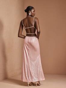 JIAN LASALA Pastel Pink Sequin Spaghetti Strap Mermaid Women Elegant Maxi Dress Spring Summer Wedding Party - Pink - View 1