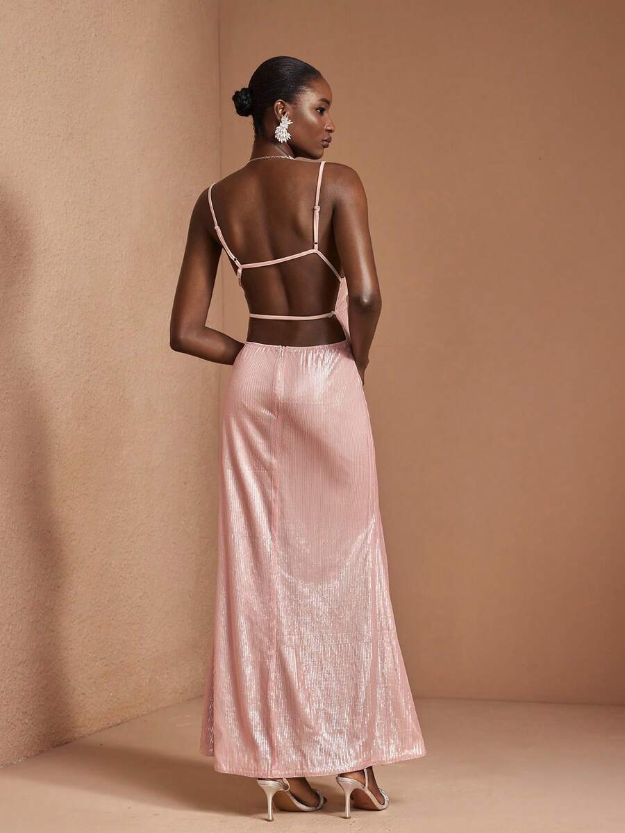 JIAN LASALA Pastel Pink Sequin Spaghetti Strap Mermaid Women Elegant Maxi Dress Spring Summer Wedding Party - Pink - View 1