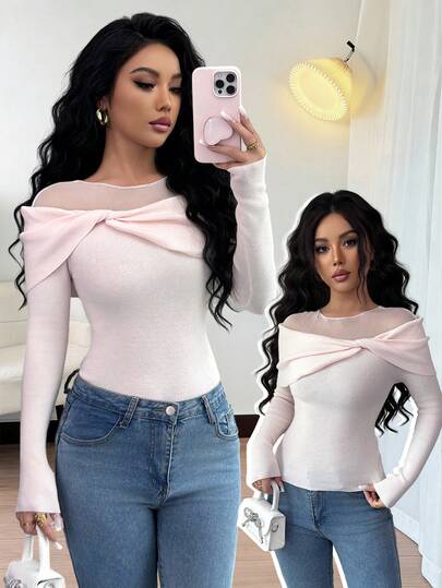 Islaluna 女士纯色圆领长袖扭结设计修身毛衣