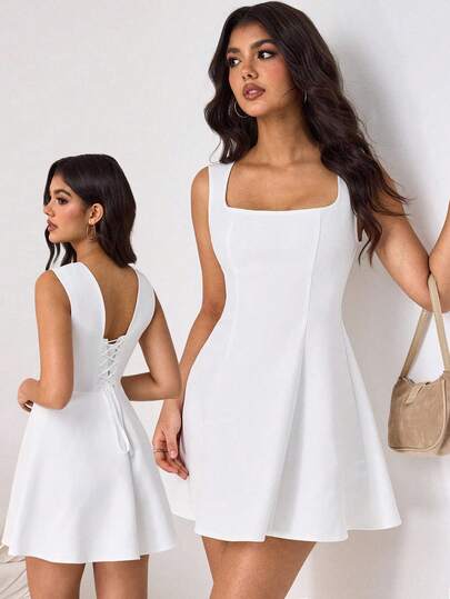 Aidyla 白色束腰系带连衣裙，性感法式极简风格，适合约会和派对。
