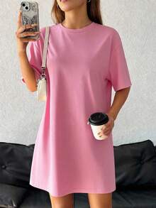 SHEIN EZwear Đầm nữ tay ngắn cổ tròn dáng rộng thoải mái, thích hợp cho mùa hè, màu hồng. - Màu Hồng baby - Xem 1