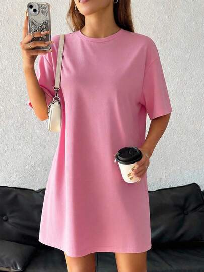 SHEIN EZwear Women's Casual Knitted Baby Pink Short Sleeve Plain Short Dress With Round Neck Pink T-Shirt Dress Pink Casual Dress Basic Dress