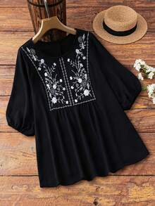 Linhara Plus Size Women Embroidered Casual Everyday Romantic Commute Versatile Blouse Fall - Black - View 1