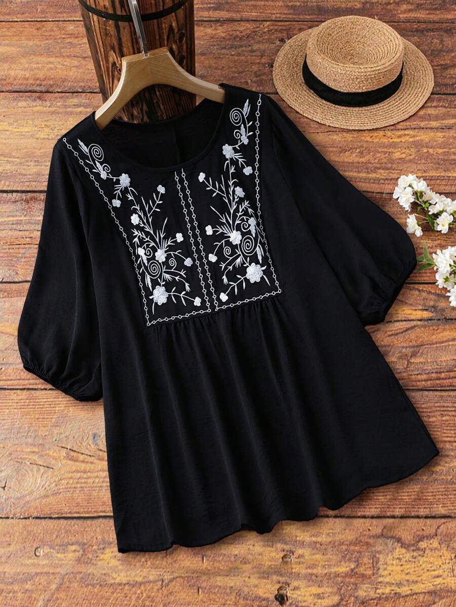 Linhara Plus Size Women Embroidered Casual Everyday Romantic Commute Versatile Blouse Fall - Black - View 1