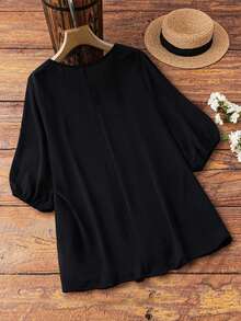 Linhara Plus Size Women Embroidered Casual Everyday Romantic Commute Versatile Blouse Fall - Black - View 2