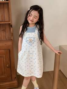 DAZY Vestido de peto vaquero informal con bolsillo, estampado floral y lazo para niña - Beis - Ver 2