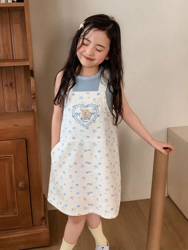Young Girl Butterfly & Ditsy Floral Pocket Casual Denim Pinafore Dress